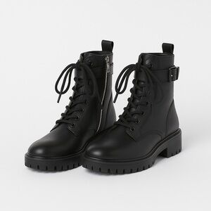 Mango Black Leather Lace-Up Combat Boots Chunky Sole Moto
